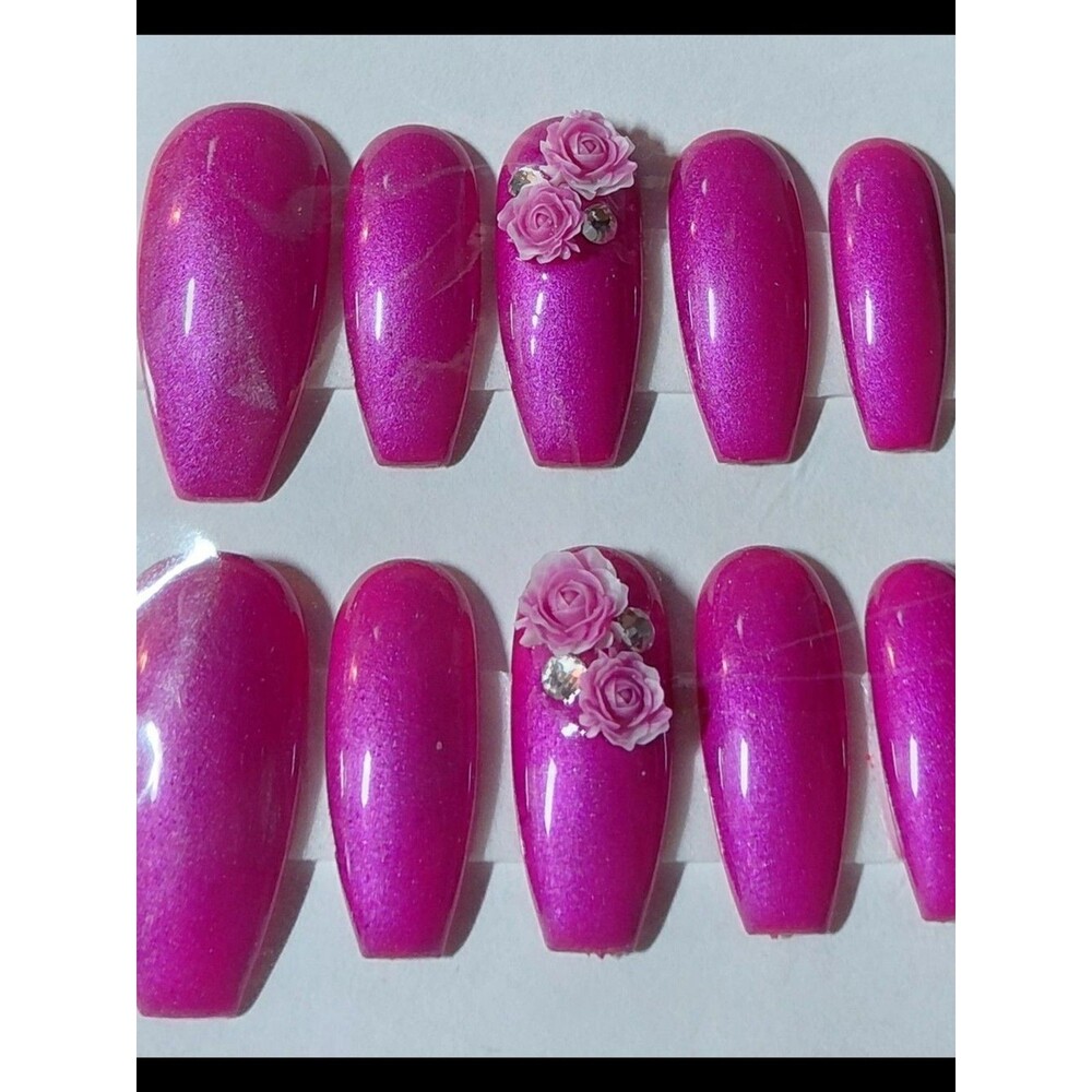 4/$40 ***Summer Sale***Hot Pink Handmade Gel Press-On Nails with 3D Rose Accent